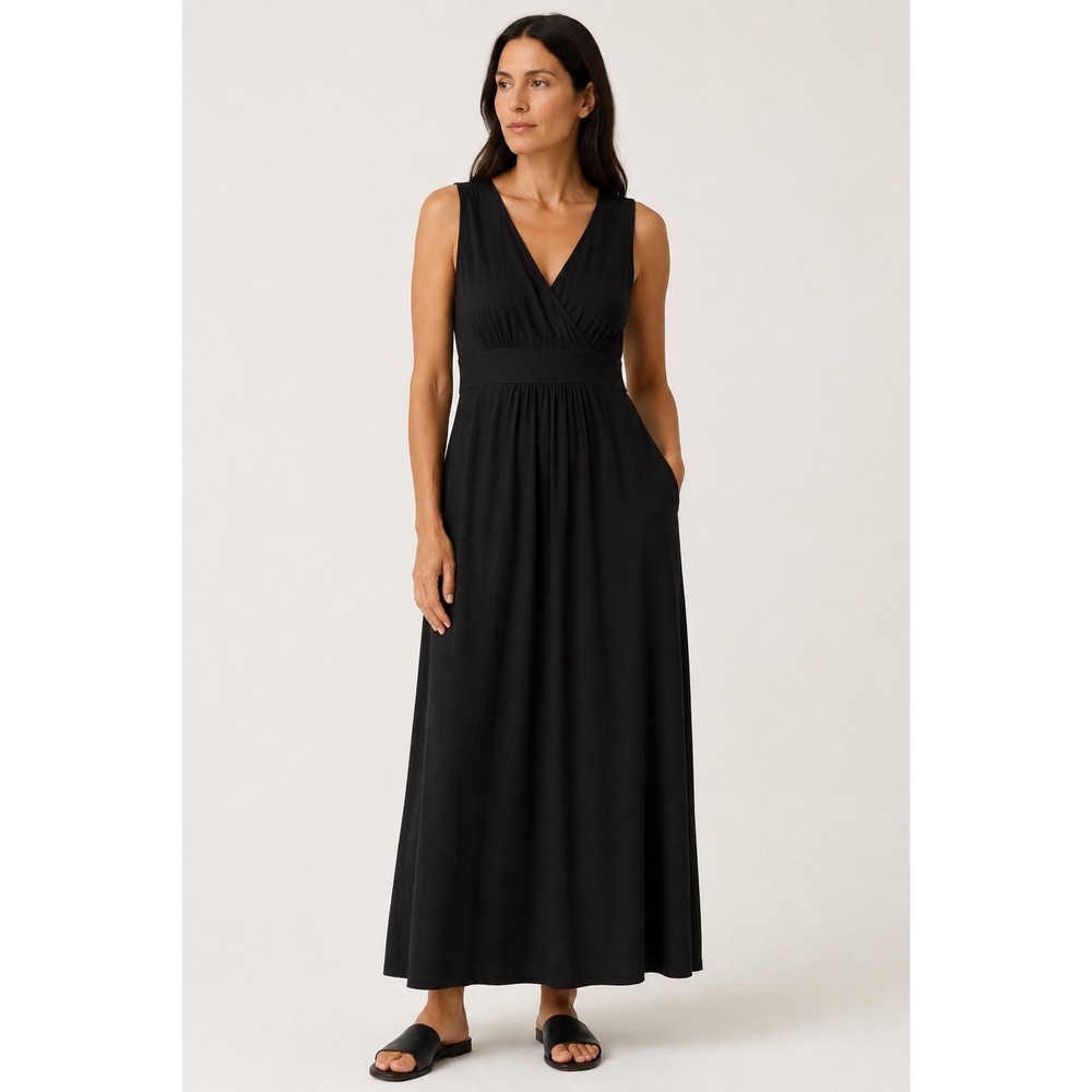Eileen Fisher Black Rayon Lycra V-Neck Empire Waist Maxi Dress XL Sleeveless